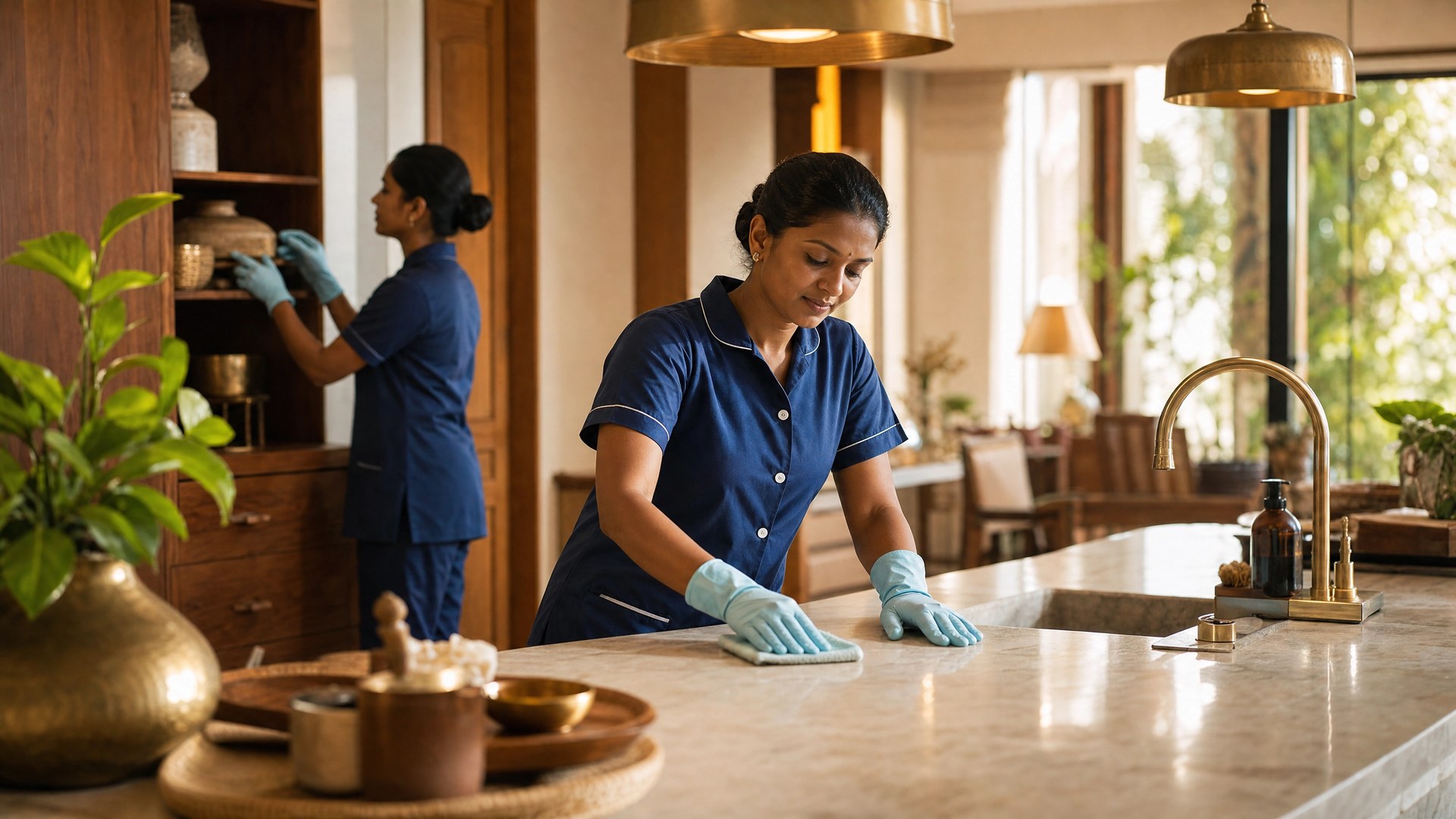 Professional housekeeping team maintaining a spotless modern kitchen