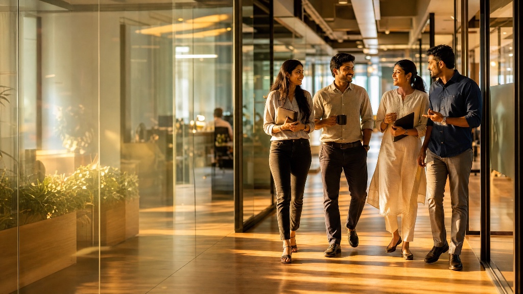 A dynamic team walking together in a modern office